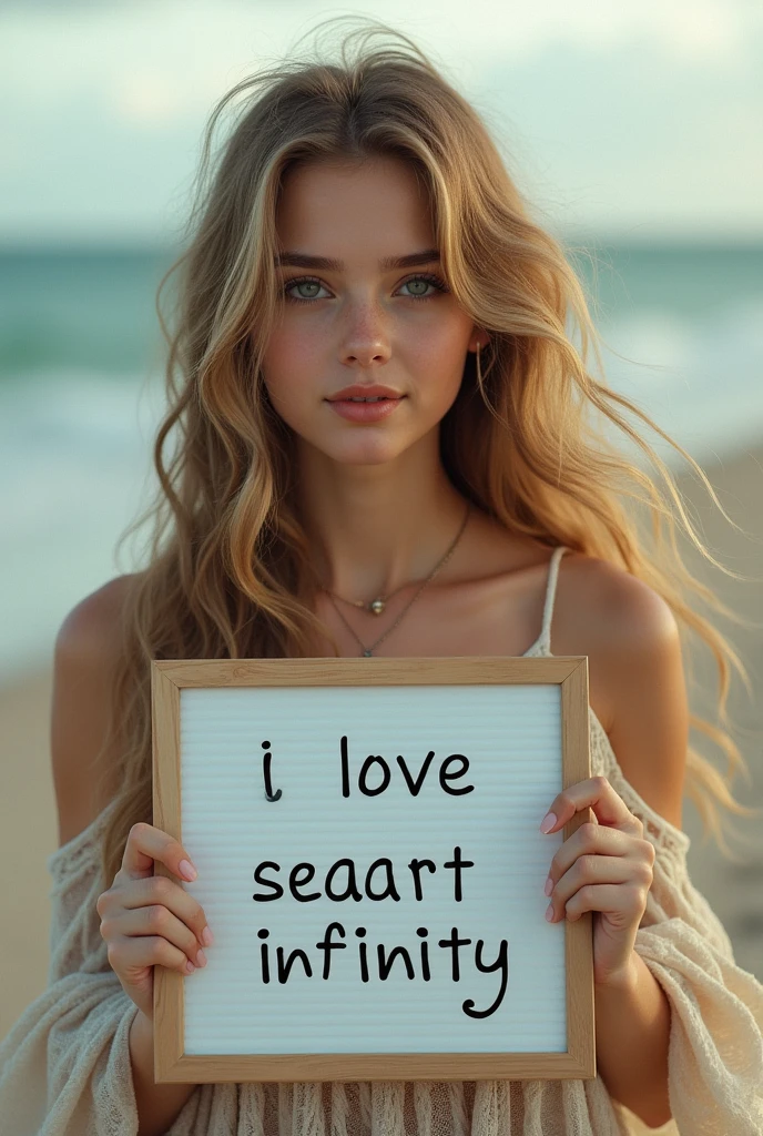 Beautiful girl with wavy long hair, bohemian dress, holding a white board with text "I Love Seaart Infinity" and showing it to the viewer
