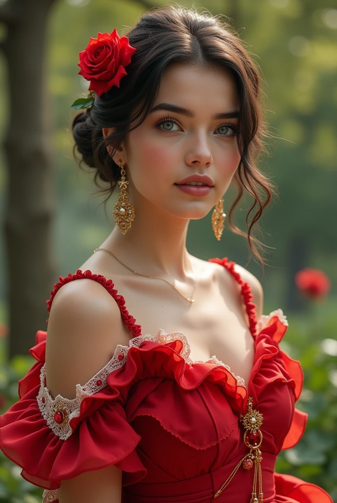 Woman Jennifer connelly Young 20 years old model long hair Brow bun with red rose in hair n blue eyes dress red ballet flamenco sevillana ruffles white lace long gold earrings in park