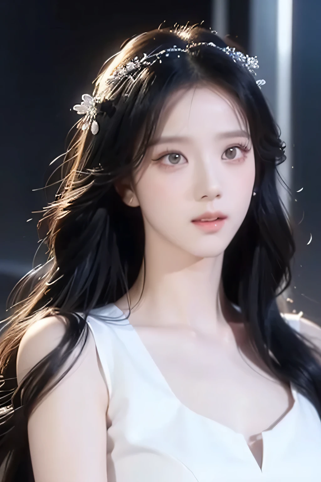 Jisoo, white dress, fairycore, long black hair, beautiful detailed black eyes, beautiful detailed lips, extremely detailed face, longeyelashes, elegant pose, dramatic lighting, cinematic, chiaroscuro, dramatic shadows, white hour, atmospheric, photorealistic, 8k, best quality, masterpiece, glow, magical