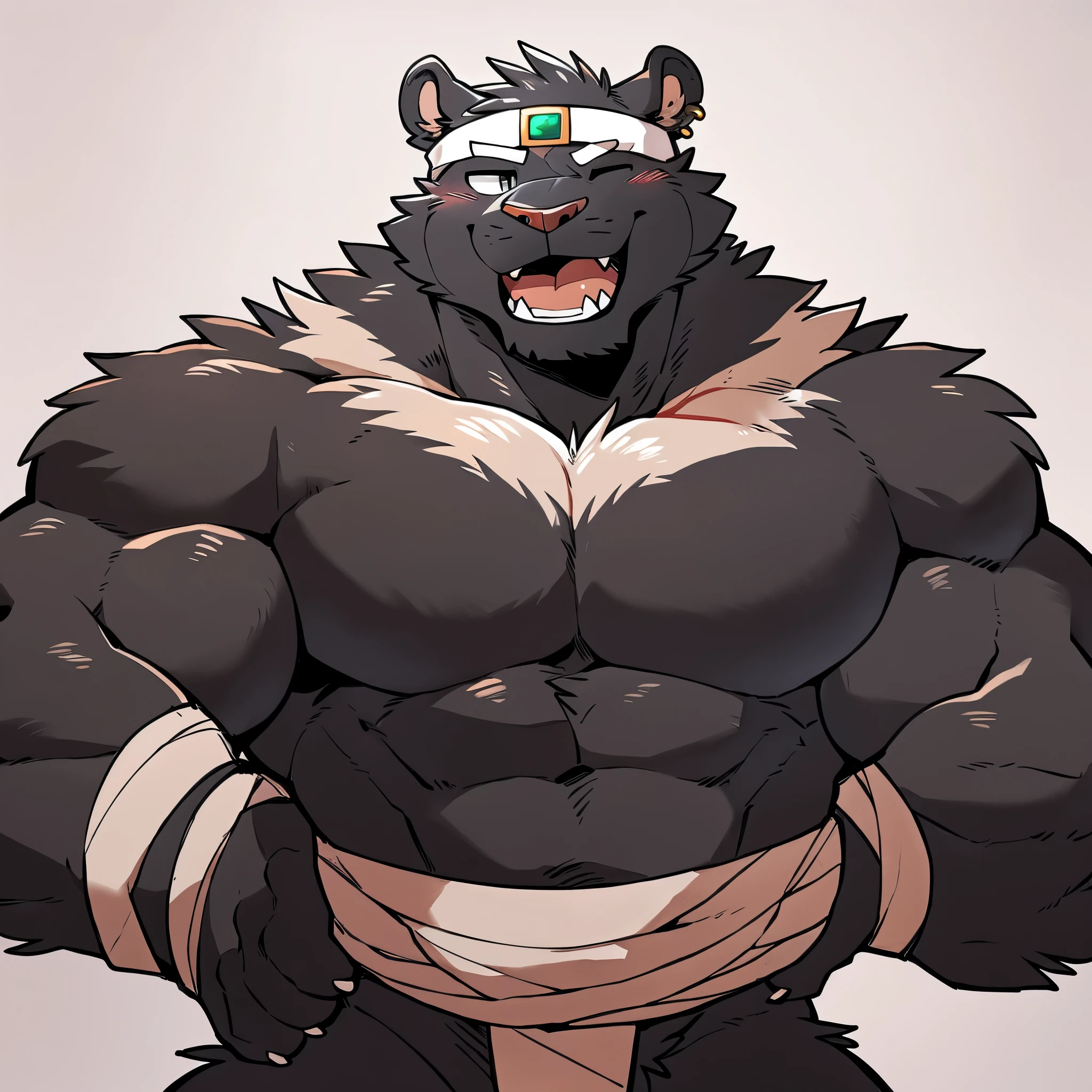 by takemoto arashi, ((full body)), (1boy), solo, male anthro, kemono, hot body, hunk, sexy, bara, handsome boy, (masterpiece, high res, best quality, watercolor shading), 4k, soft skin, Physical man, furry art, professional furry drawing, (((black panther, plain black fur all over his body solid black fur, soft muscle definition, self-black cat, small chest, miniscule lat miscles, stubby arms, short limbs, wide lean waist, very short thick scruffy fur))), scars on one shoulder, thick hands, short round muzzle, chewing on toothpick, tiny twig in his teeth, major overbite, large chin, short round snout, tired eyes, tiny lines for pupils, thick white eyebrows, round pierced bear ears, perfectly circular front facing bear ears, small gold cuff earrings on one ear, helix ear-piercing, orbital ear piercing, thin cat nose, white sumo garb, thick bulky waistband, ((white short narrow headband tied around his forehead, white hachimaki, thin white sweatband on his forehead)), flat stomach, tuft of white hair between his pecs, (thin white mohawk), thin white pubic hair, small white treasure-trail, (((black underbelly, his underbelly is the same color as the rest of his body, one color fur, solid color body, black torso and mouth, perfectly square silhouette))), bored emotion, neutral expression, calm face, closed mouth