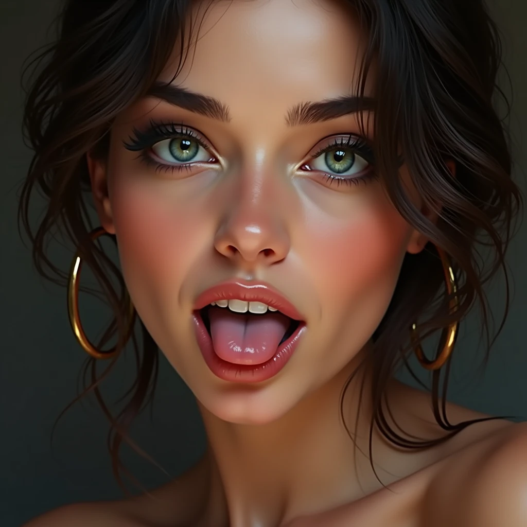 a beautiful Italian woman, tongue out,Wink, seductive face green eyes, Ultra-realistic blue eyes, Hyper-detailed, perfect eyes