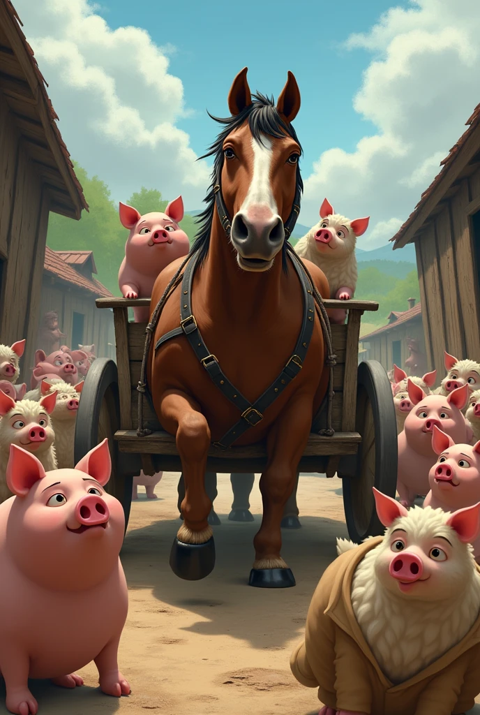 scene: A cart carrying Boxer the horse, with the other animals looking confused. Text: "Pigs lie to other animals, saying that Boxer was taken to a hospital."