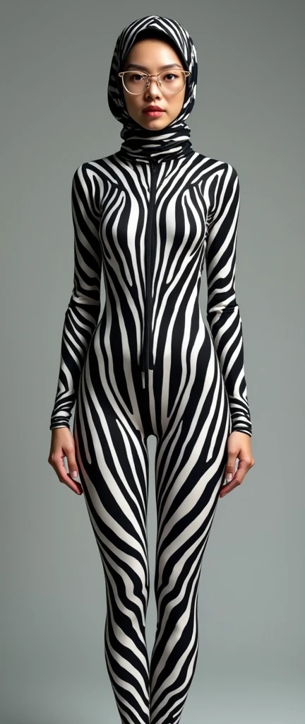 The beautiful,thin,most pretty and clever Asian muslimah woman with glasses wears zebra lycra turtleneck unitard catsuit covered with stripes.She wears a pair of glasses.She always wear zebra print lycra dancewear square hijab.