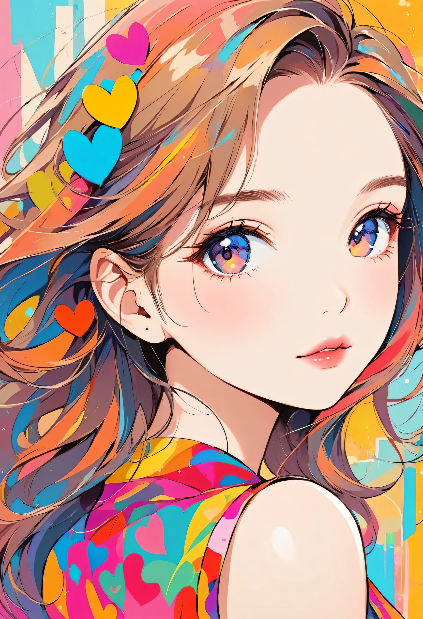 Micho colorful style, Simple Line Initialism,Abstract art,Urban Background, (((The most beautiful girl of all time))), Sweet face. Lips in love, colorful hearts, stylish design