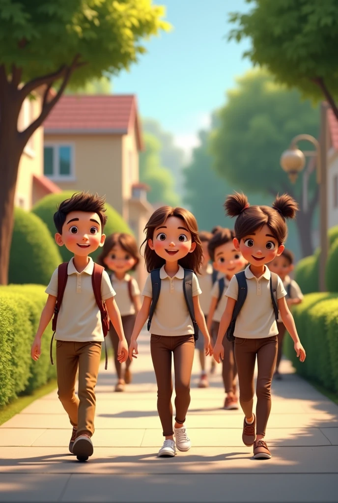 Draw children in brown pants and polo shirts going to school 