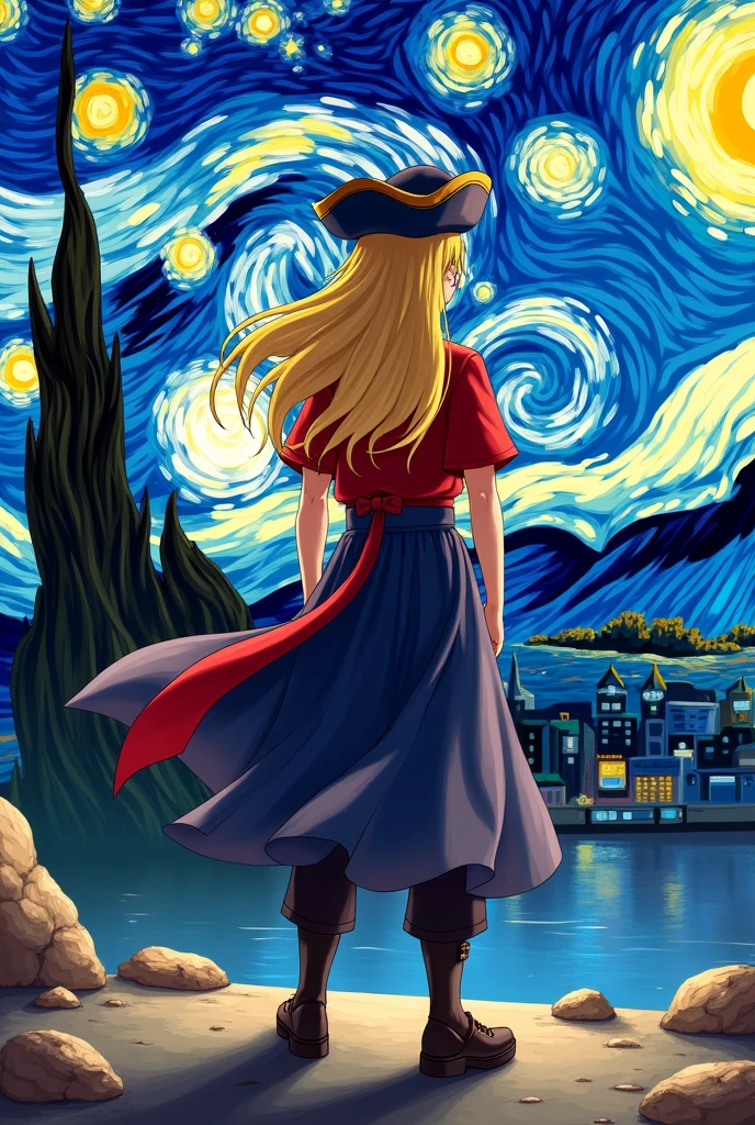 Can you make me an image of Ryusui Nanami as Doctor Stone with his red pirate clothes with short sleeves and having the lower part as a dress with his long blonde hair and with a big pirate hat turning his back and seeing the city with Van Gogh&#39;s starry night in the background?