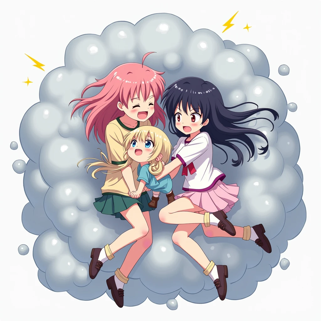 a group of anime-style girls playfully wrestling and fighting in a comical fluffy gray battle cloud, with each girl having different hair colors, their faces, hands, and feet visible emerging from the cloud, engaging in a humorous and energetic brawl, with an exaggerated and puffy battle cloud surrounding them