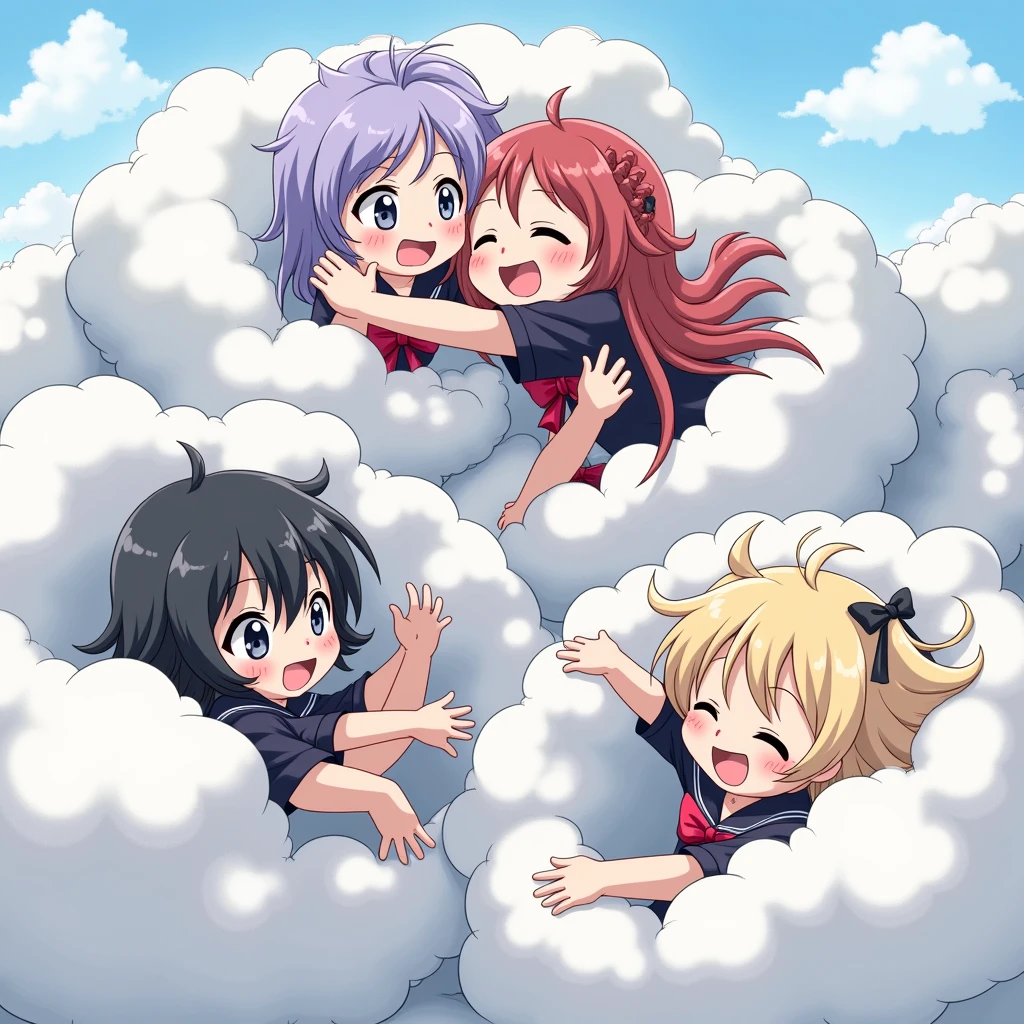 a group of anime-style girls playfully wrestling and fighting in a comical fluffy gray battle cloud, with each girl having different hair colors, their faces, hands, and feet visible emerging from the cloud, engaging in a humorous and energetic brawl, with an exaggerated and puffy battle cloud surrounding them