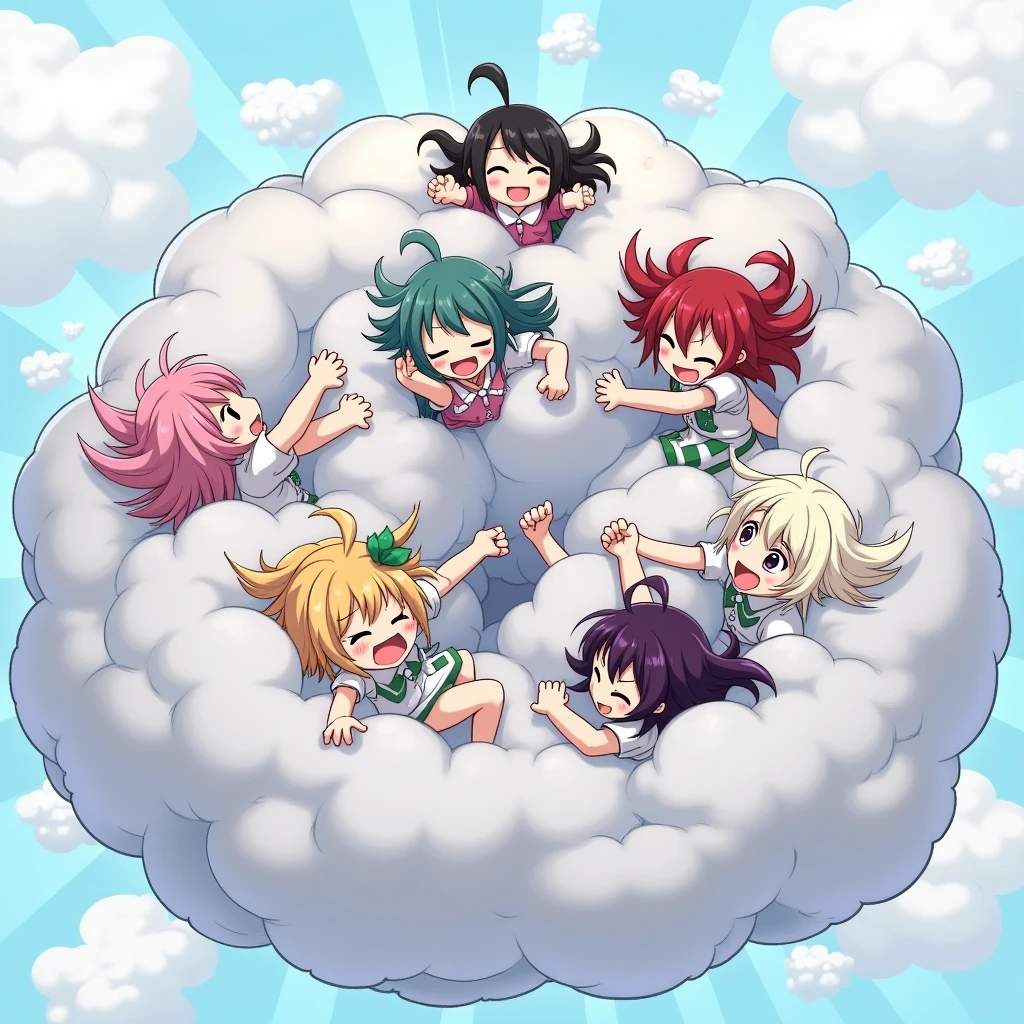 An anime-style illustration depicting kaminri-girls playfully wrestling with each other inside a gray comical fight cloud (thunder cloud).
each kaminari-girl has different colored hair.
their faces,hands,and feet are visible emerging from the cloud as they tussle humorously, with the rest of their bodies completely hidden inside the cloud.
the illustration emphasizes the humorous and energetic nature of their scuffle,with a fluffy and exaggerated fight cloud.