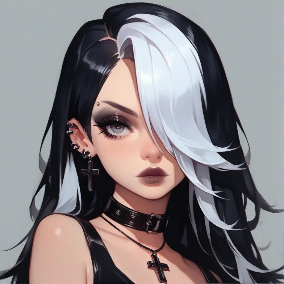 score_9, score_8_up, score_7_up, Goth girl, Goth girl 1girl 1girl,solo,long hair,looking at viewer,simple background,black hair, jewelry,white hair,multicolored hair,choker,black eyes,grey background,necklace,(hair over one eye),two-tone hair,cross,portrait,,