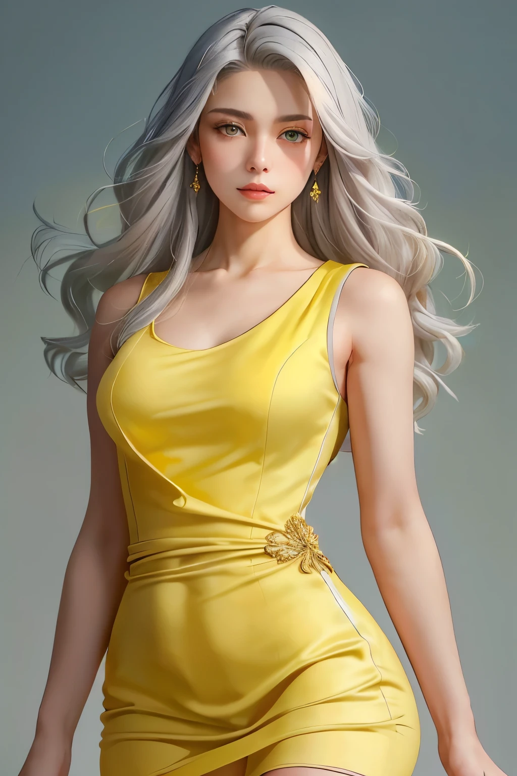 (oil, masterpiece, highest quality, Super detailed, Focus on the characters), Young woman, pale skin, ((a long gray hair)). ((a elegant yellow sleeveless dress)).  She has a serene expression. ((Looking straight ahead)), (front view), the background is a soft light blue gradient, giving the image an ethereal and calm feel, ((yellow dress)