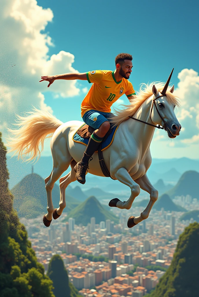 Neymar flying through Rio de Janeiro on a unicorn, flooding Rio de Janeiro with glitter