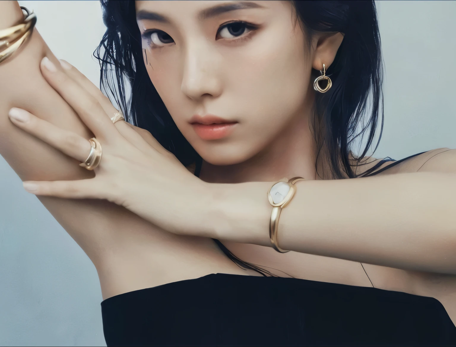 Araffe woman in black dress and gold rings on her arm, Choi Jisoo, perfume