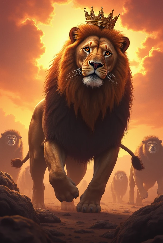 An imposing lion with a golden crown winning a battle. The sky must be reddish.