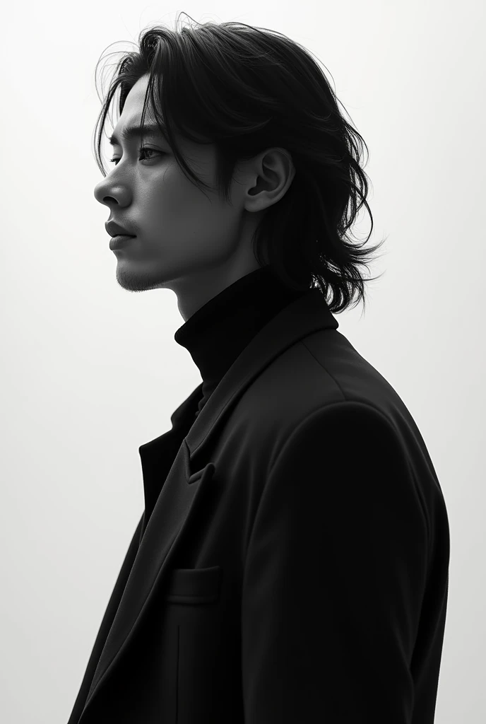 tall slim boy, with semi-long hair, in black and white with Argentine features that is turned back