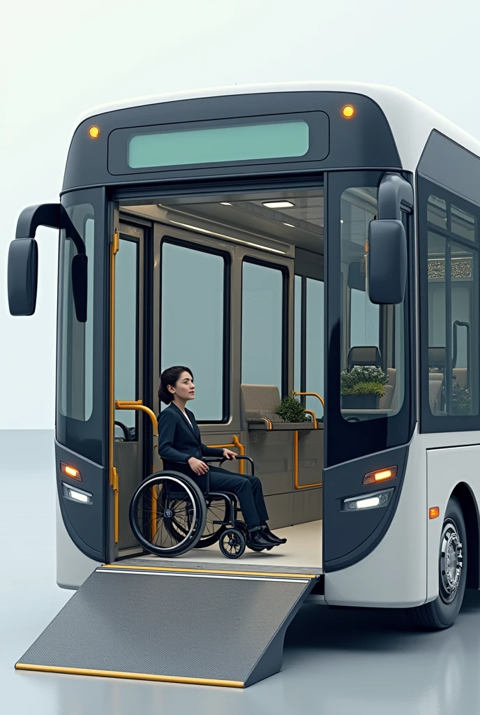 Create a design for a bus that has easy access for disabled people with access to store luggage that is large when viewed from the outside