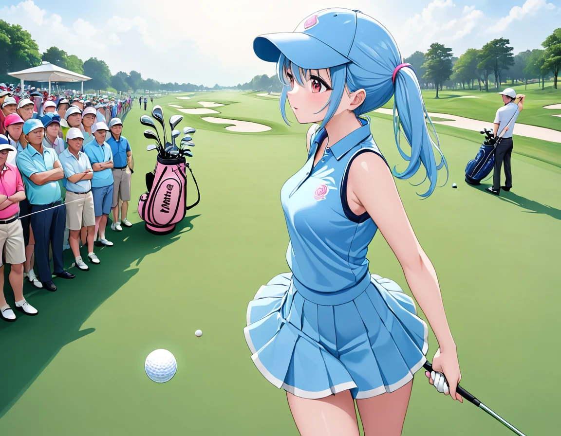 high quality,High resolution,16K、Light blue long hair、Beautiful twin-tailed golf player、Pink golf wear、Golf course with beautiful grass、Golf Tournaments、A large audience、during a golf game、Dynamic Angle