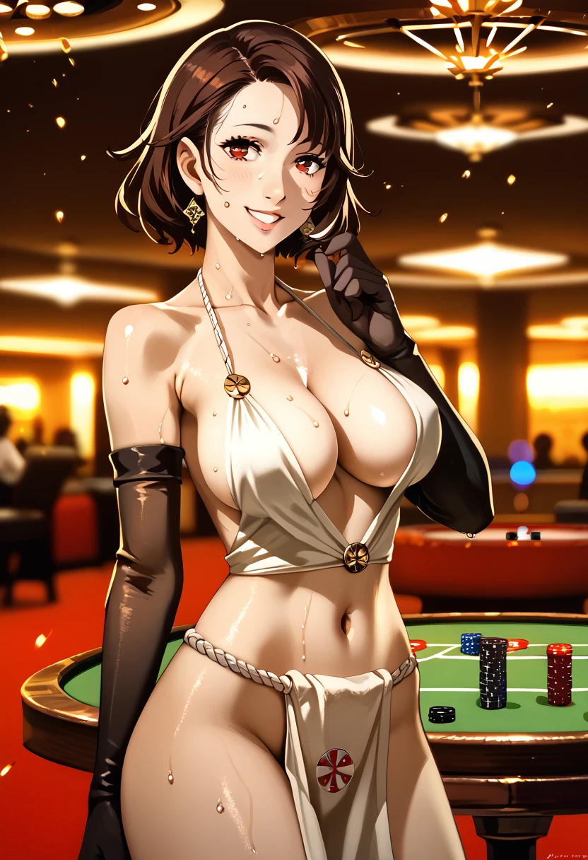 (((masterpiece) (((((Highest quality))))((High resolution))))), Very detailed, Ultra-realistic, ), dsmakoto, , One woman alone, BREAK, beautiful face, beautiful detailed eyes, ((( Standing , , , ))), , ( Round and Stacked Breasts, ), Cleavage, curvy, (((, seductive smile ))), Sweat-soaked skin, BREAK, wearing( Sexy Long Dress, backless, Off the shoulder, Elbow-length gloves, , Loincloth fundoshi,, , ), background(Realistic , cinematic lighting, depth of field, indoor,casino, Roulette Table, A flirty atmosphere, night, , light particles)