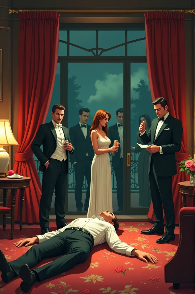  gardener a cleaning lady with a small bottle of medicine in her bag a very elegant butler an elegant woman and a dead man with his eyes closed lying on the floor of the living room in his mansion everyone fighting and looking scared and everyone next to the body images of cartoon characters 
