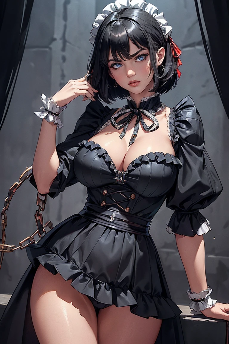 (1 once, artwork, Best Quality, Ultra details, Beautiful detailed, (((extremely detailed face))), (((rhombus stripe))), (((big ruffles and ribbon))), sad look, ( ((short thigh-length tunic))), long black fur, blue eyes, thin red lips, round face, big breasts with cleavage, Long waist, 1.67m leek 46kg, standing chained in the dungeon ((chains on hands and neck)) dramatic scene