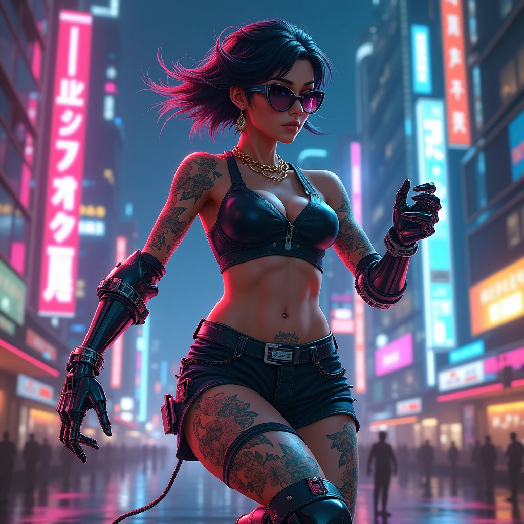 1 cyberpunk girl, sunglasses, short hair, robotic arm, tattoo on a large part of the body , jumping pose ,big cyberpunk city at night in background, detail richness, masterpiece, best quality, explosion of flashy colors
