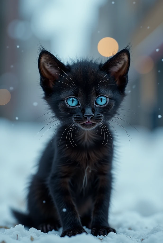 Black fur、Blue Eyes、Shivering kitten、The cat is thin、Hungry、I&#39;m looking for someone to pick me up。A young woman and a black cat I met in the city、Staring、Close-up of face、４K,Cold winter day、A small abandoned cat is shivering in a corner of the city, searching for a warm place。Snow falls quietly、Gray sky in the background。

