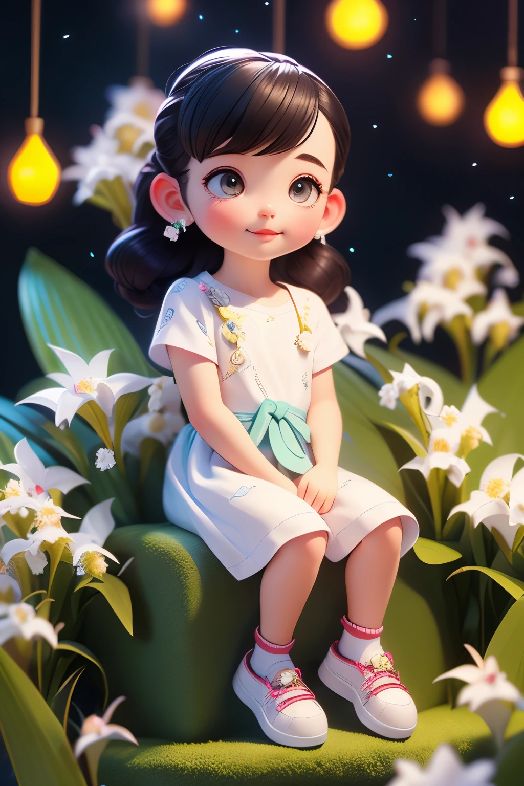 Photorealistic、(Black Hair、sleepy、Mouth slightly open、hair ornaments、Sitting、Cute Shoes)、Lily of the valley hill、night