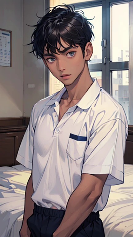 Highest quality、Realistic、、zoom、Primary school students、man、look up、cute、Light grey eyes、Black Hair、short hair、Tanned brown skin、Dark Skin、White short sleeve shirt、Navy blue shorts、Flat Chest、Bust Shot、thin、bed