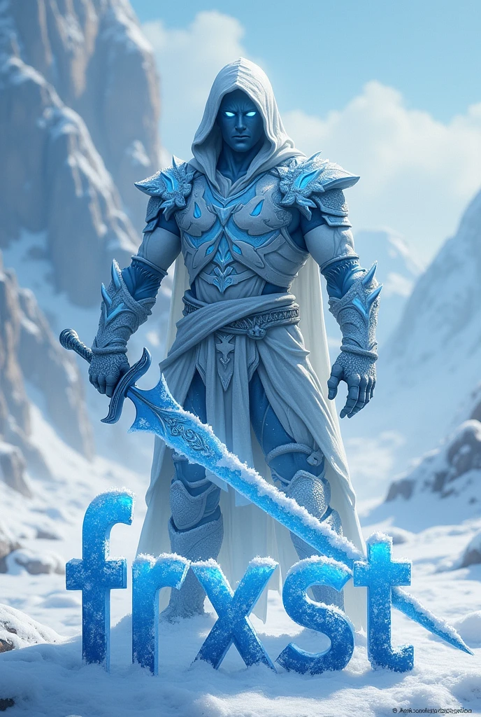 Ice warrior, ice hoodie, ice sword in hand, snowy biome background, with the word FRXST under it in blue frosted letters, hyper realism, logo