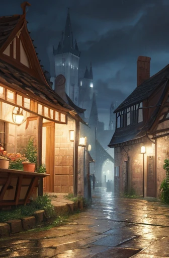 Crie uma medieval city, with several houses, a castle, several houses and shops, trading stalls. This city rains constantly, chama a cidade da Raby, cidade da tempest. RPG medieval, medieval city, little town, tiny city. hinterland, inner city, Raby, at night, grey sky, lightning strikes, tempest, wet floor, wet floor, rainy sky, medieval houses, Wide view of the city