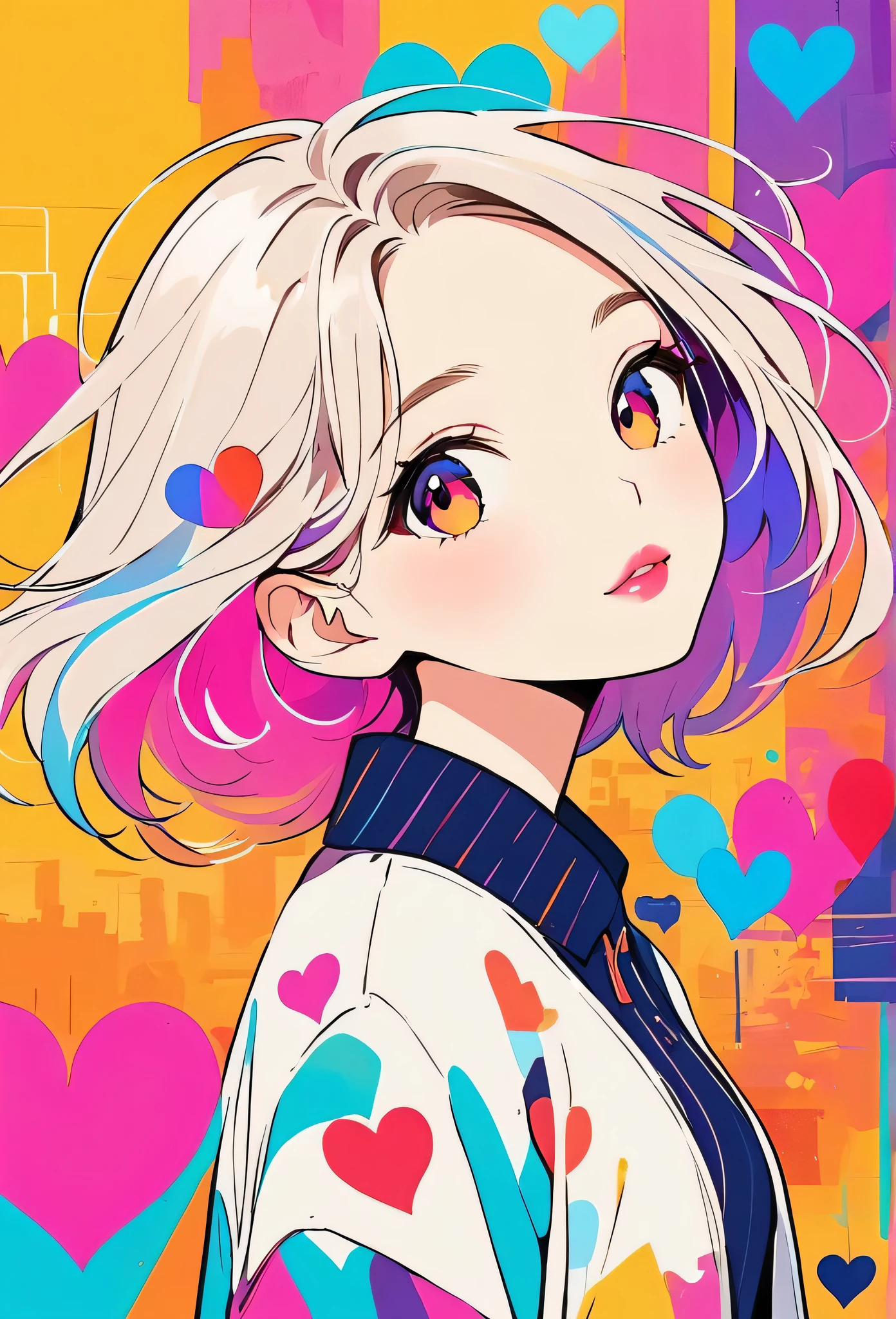 Micho colorful style, Simple Line Initialism,Abstract art,Urban Background, (((The most beautiful girl of all time))), Sweet face. Lips in love, colorful hearts, stylish design