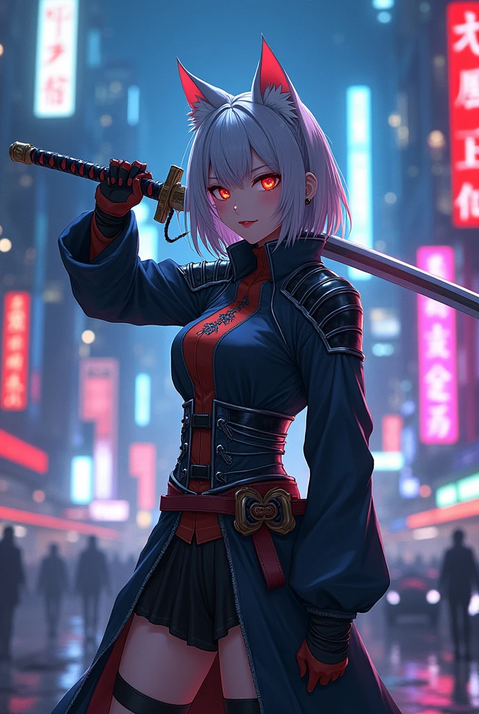 Anime character holding a sword in the night city, Amazing anime 8k, Very beautiful cyberpunk samurai, Anime Style 4k, knife zero video game character, she is holding a knife sword, knife, Artjam and Athi Gairan, dramatic wielding knife pose, Lostrun 8k, unsheathing her knife, Cat ear, Silver Hair