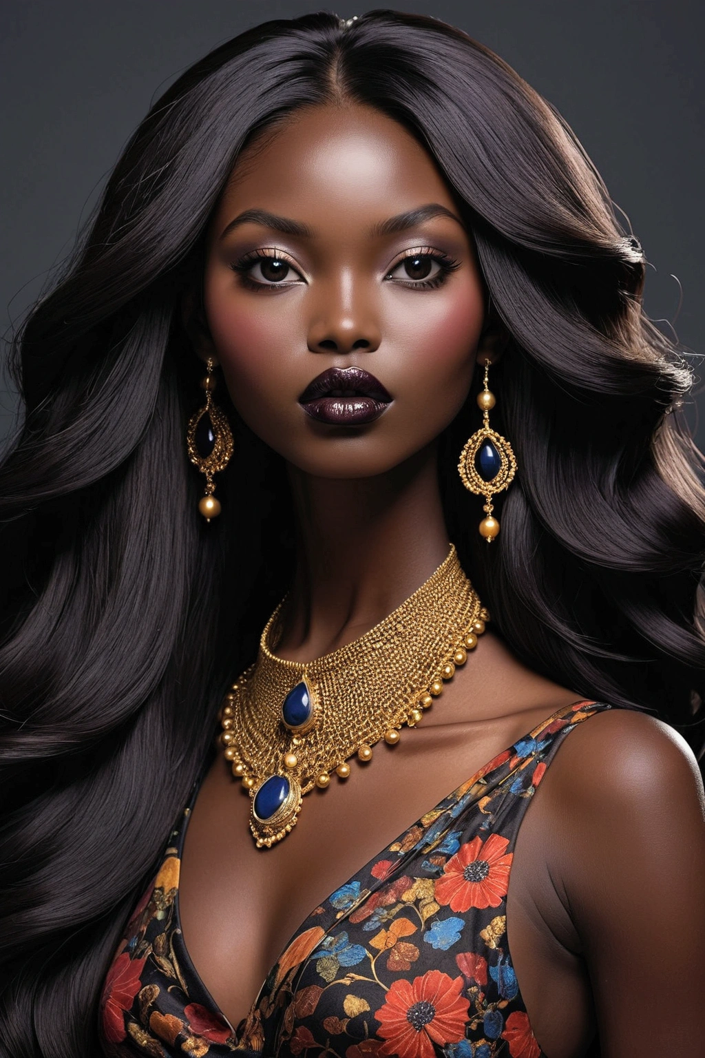 Michiko Malandro, dark skin, plump dark lips, long hair black