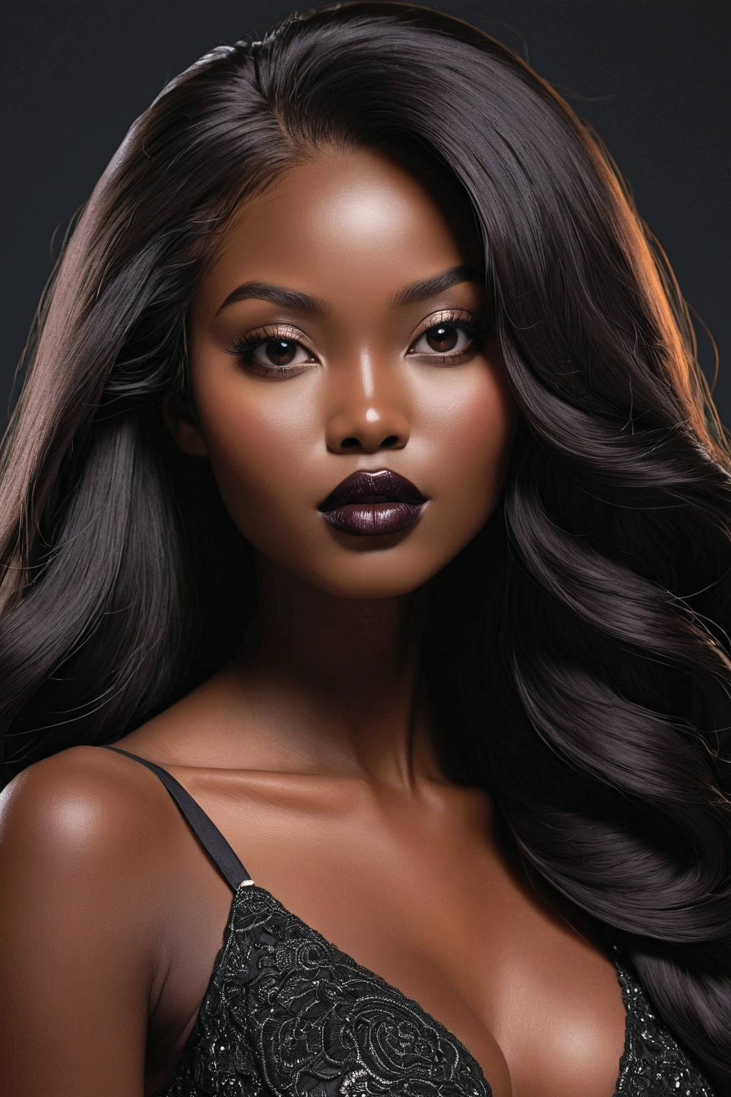 Michiko Malandro, dark skin, plump dark lips, long hair black