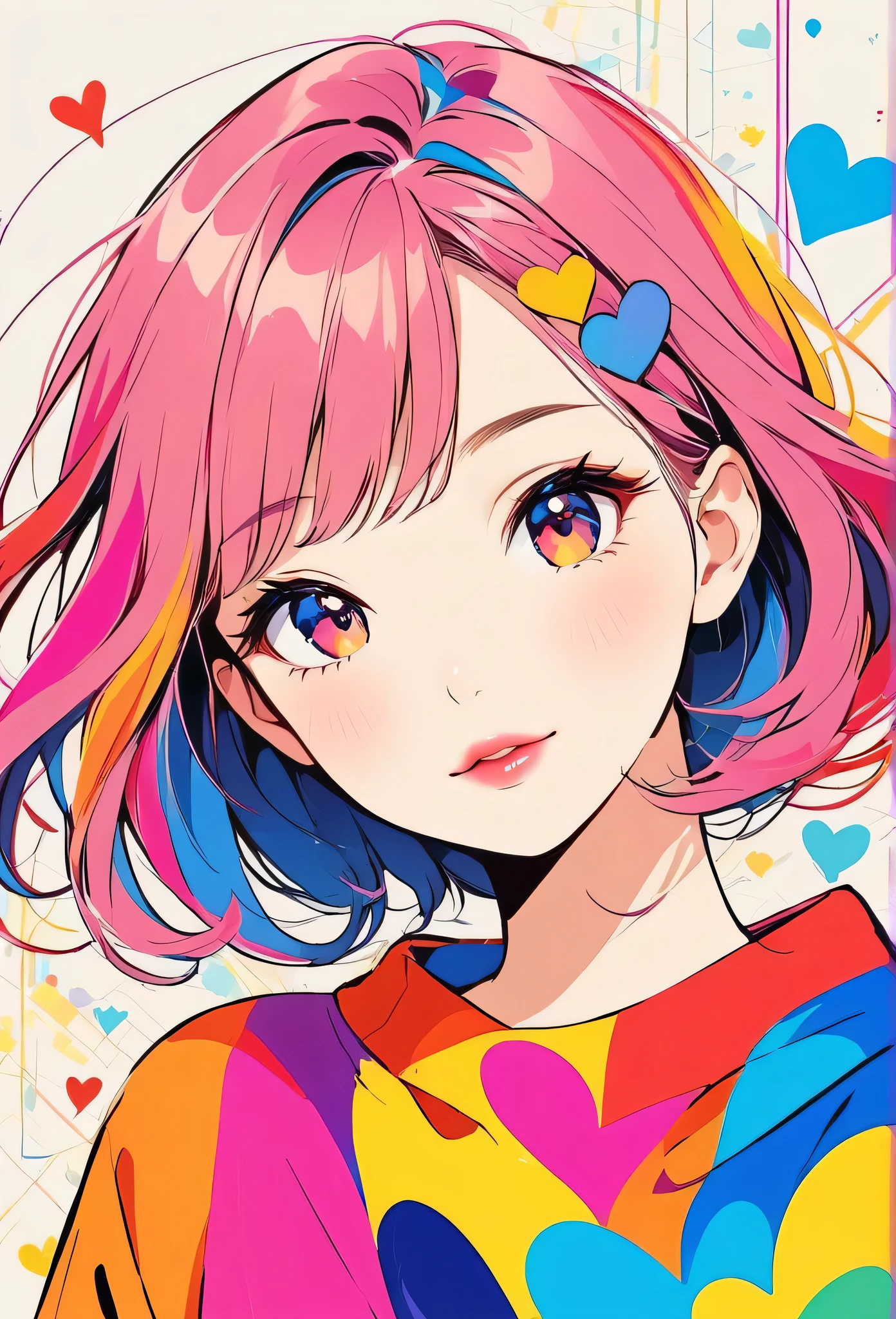 Micho colorful style, Simple Line Initialism，Abstract art，Urban Background, (((The most beautiful girl of all time))), Sweet face. Lips in love, colorful hearts, stylish design