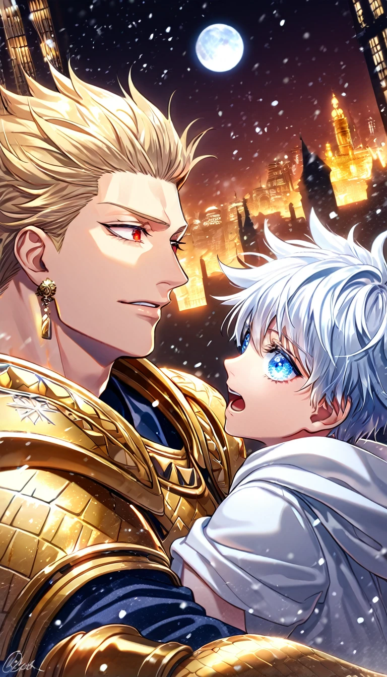 absurdres, highres, ultra detailed, HDR, master piece, best quality, extremely detailed, detailed eyes, detailed face, Gilgamesh, blonde hair, slicked up, ruffled hair, golden earrings, expressive red eyes, Fate Stay Night, Gojou Satoru as a kid, white hair, expressive blue eyes, white eyelashes, a adult man together with a boy of ten years old, yaoi, gay couple, handsome, fantasy, golden armor, white hoodie, winter, snow, snowflakes, snowing, city, buildings, dark fantasy, starry sky, moon, Jujutsu Kaisen