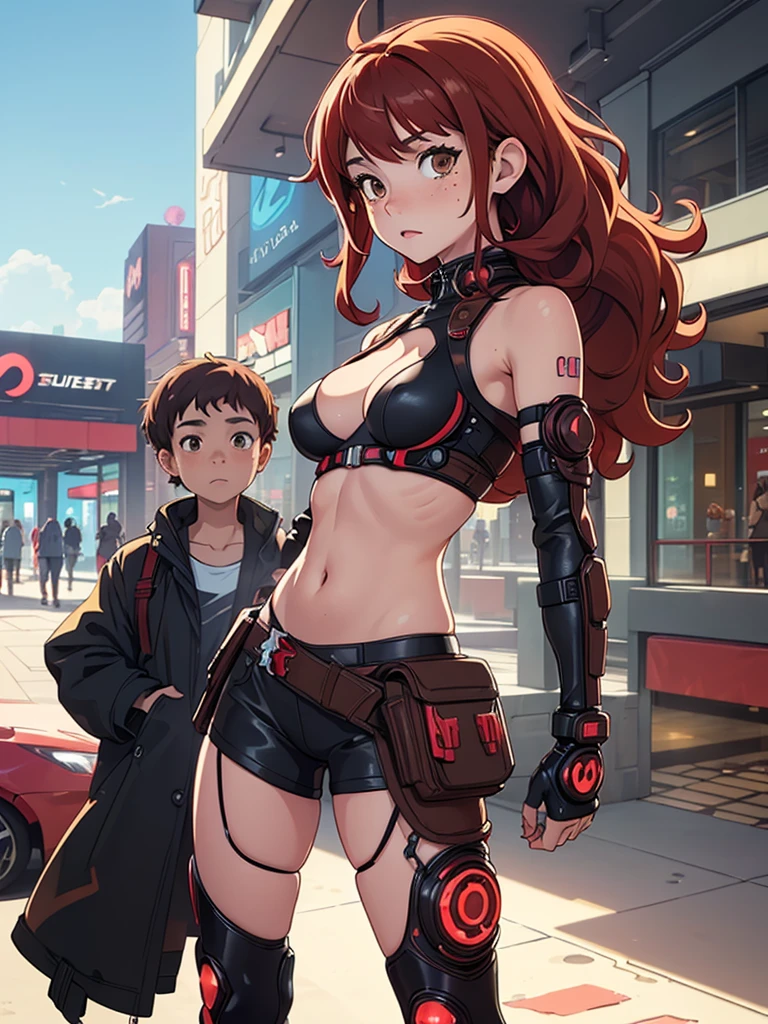 (masterpiece), (best quality), 1 girl, red hair,((brown eyes)),curly hair, anime style, freckles, (mall breast, (petite figure), cyberpunk clothes, legs, desert background