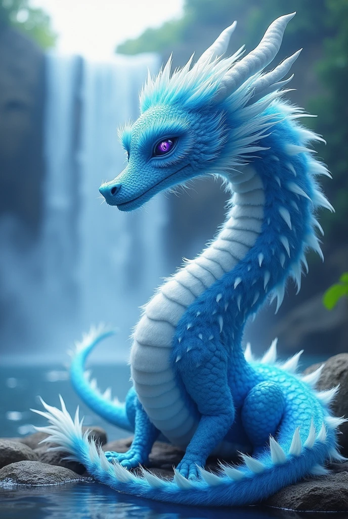 masterpiece, Highest quality,日本の龍god、Blue dragon、Rin々A gentle and calm expression、With fluffy fur、キラキラしている優Shii目、The snake&#39;s long, slender body doesn&#39;t fit on the screen.、The background is a waterfall and a rainbow、The body is so long that the front and back legs are far apart.、god々Shii