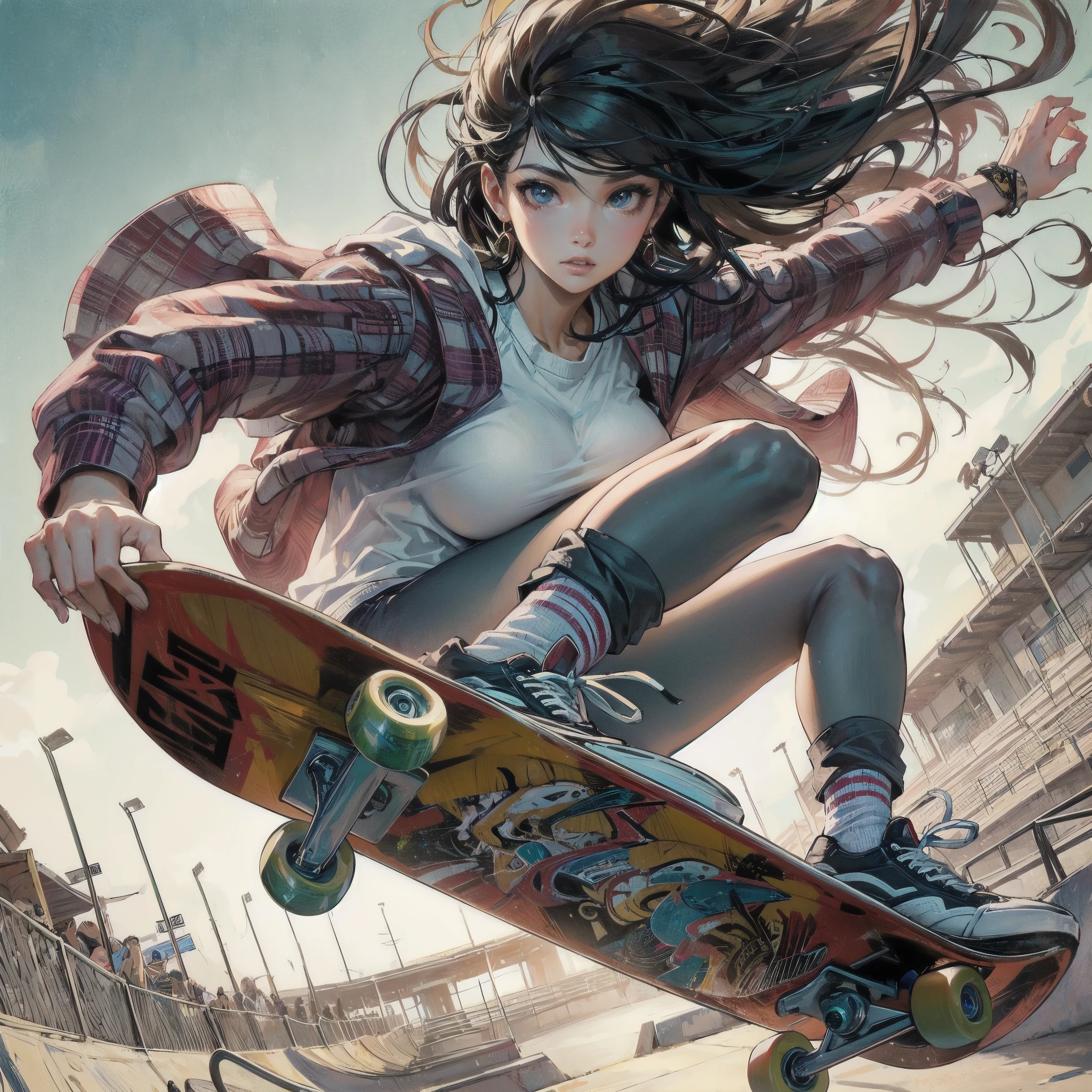  masterpiece, (textured skin), best quality, gorgeous beautiful girl, (a female skateboard athlete), detailed clothes,large breasts,narrow waist,, (beautiful face), cinematic lighting, (at skateboard venue ),