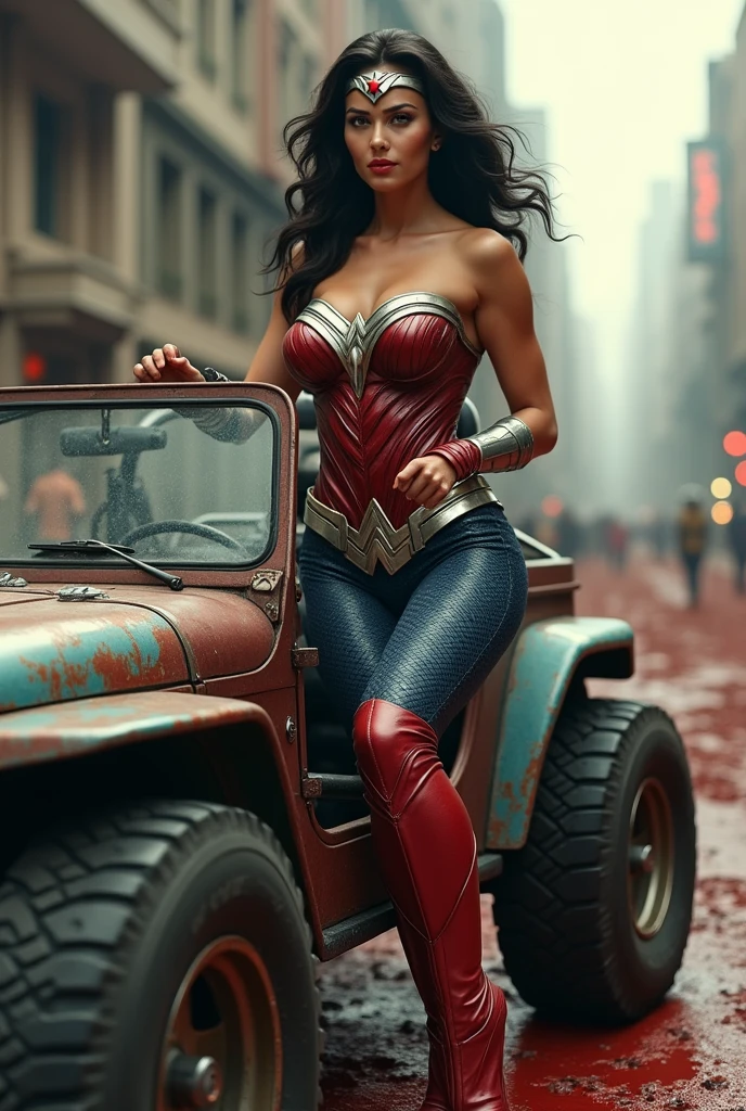 A beautiful woman Adriana Lima under the mantle of the Amazon warrior Wonder Woman red corset and navy blue pants with scales diaema in silver metal with a red star on her forehead long red boots up to her knees is a beautiful woman (((((He is driving an open-top brown and turquoise four-wheel drive vehicle ))))) through the streets of an apocalyptic and bloody city images from the side