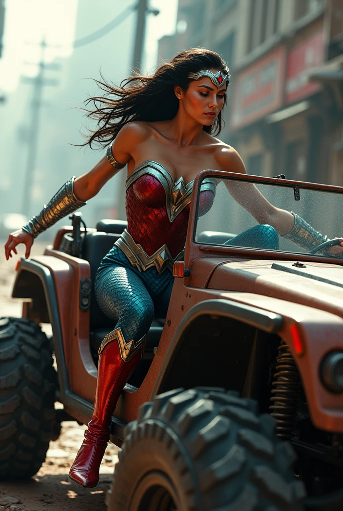 A beautiful woman Adriana Lima under the mantle of the Amazon warrior Wonder Woman red corset and navy blue pants with scales diaema in silver metal with a red star on her forehead long red boots up to her knees is a beautiful woman (((((He is driving an open-top brown and turquoise four-wheel drive vehicle ))))) through the streets of an apocalyptic and bloody city images from the side