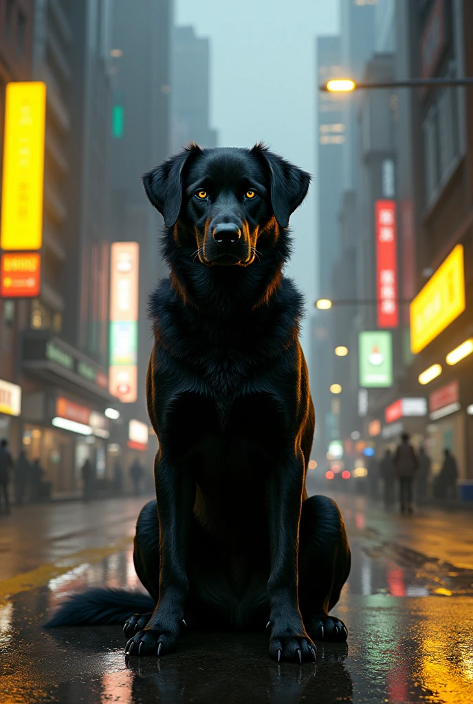 Black dog sitting in the cyberpunk city with neon lights with black and yellow colours