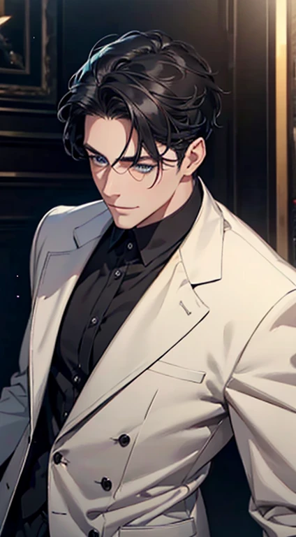 a mature man with short grey Black hair, blue eyes, 31 years, and a perfect face, smiling in love, CEO, cinematic lighting, 1:4 HDR image, top view, ultra detailed, best quality, masterpiece, 8K, photorealistic, beautiful image