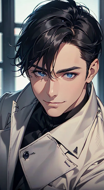 a mature man with short grey Black hair, blue eyes, 31 years, and a perfect face, smiling in love, CEO, cinematic lighting, 1:4 HDR image, top view, ultra detailed, best quality, masterpiece, 8K, photorealistic, beautiful image