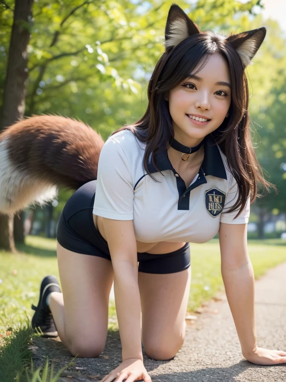 ((Highest quality, 8k)), ((masterpiece)), (Highest Resolution), Perfect Face, Fox Woman, Female college student, Beautiful woman, Outdoor, Only one tail, she has thick thighs, Her large tail, Her brown fox tail, She wags her tail, smile, Collar on Leash, She is wearing bloomers as part of her gym uniform., Plump Breasts, Beautiful Hips , Her fox tail sticks out from her bloomers, On all fours