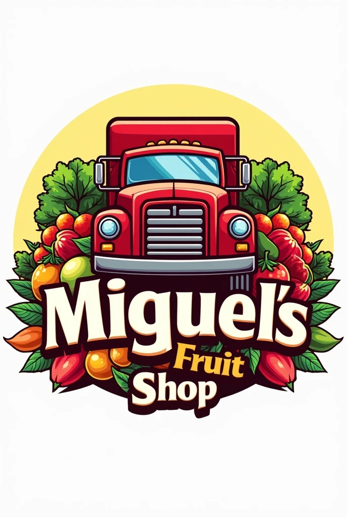 Logo of a truck with fruits and vegetables around it, the red truck, and below the name "MIGUEL&#39;S FRUIT SHOP 