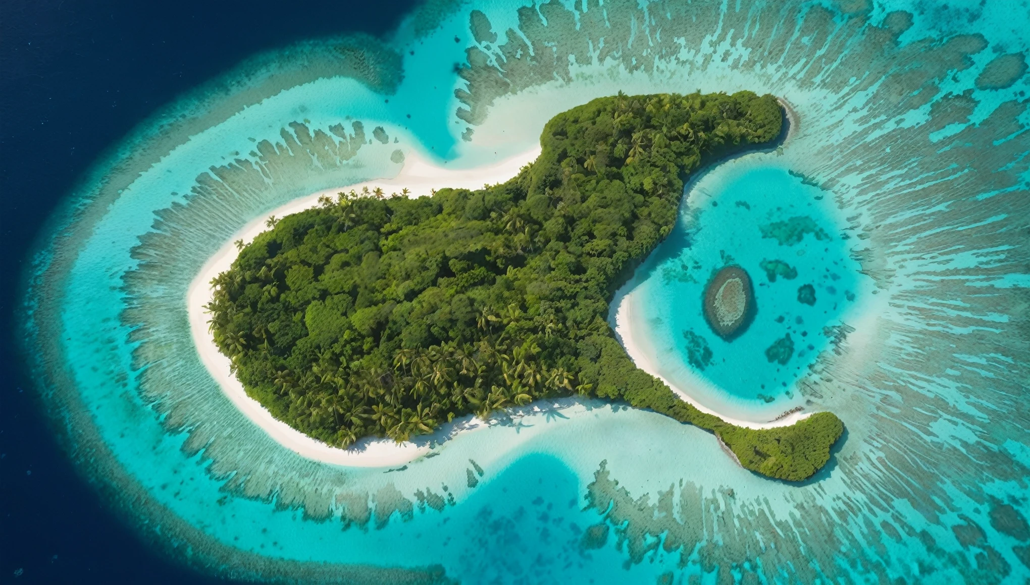 Create a top-down aerial view of Fiji Island. The image should capture the following elements: Tropical island: Show the island surrounded by crystal clear waters in shades of turquoise and green. The coast should be lined by white sand beaches, with small waves gently breaking on the shore.