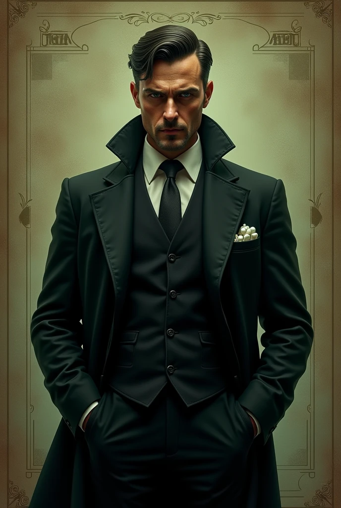 Thomas Shelby from pesky blinders in board game mafia style with dark beige and green background