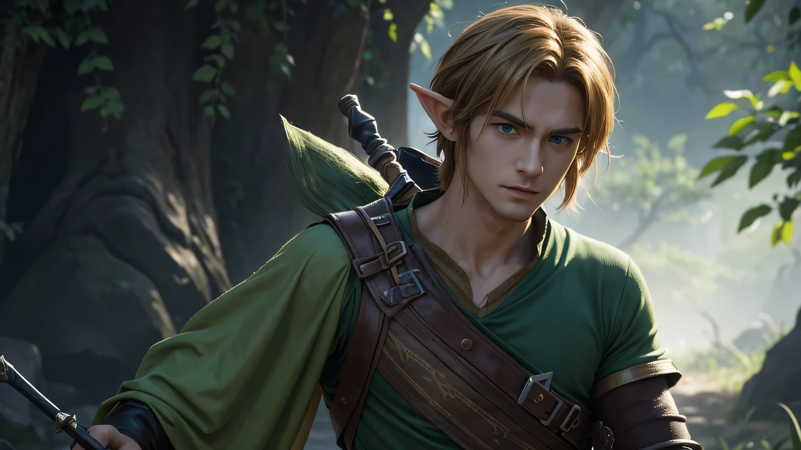 "A detailed portrait of Link from The Legend of Zelda, focusing on his upper body without his iconic green hat. Link stands confidently, with his shoulders squared and his head slightly tilted, giving him a determined yet calm expression. His hair is longer than usual, flowing just past his shoulders, with soft, golden strands framing his face. He is wearing his classic green tunic, the fabric slightly textured and worn from countless adventures. His Hylian Shield is slung over his back, and the Master Sword’s hilt is visible at his side. His gloved right hand is resting on the hilt, ready to draw it at a moment’s notice. His bright blue eyes are filled with resolve, and his expression reflects his unwavering courage."