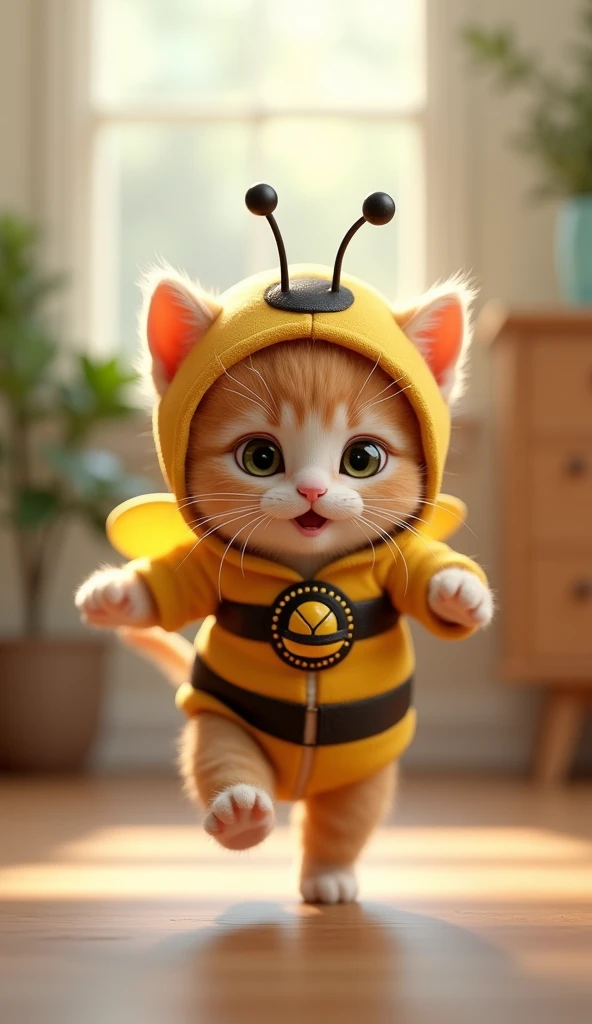 3D cute baby kitten character、Wearing a happy bee costume、running、Inside the house、masterpiece, Background Blur, shut up., Belt decorated with a bee、Highest quality,
